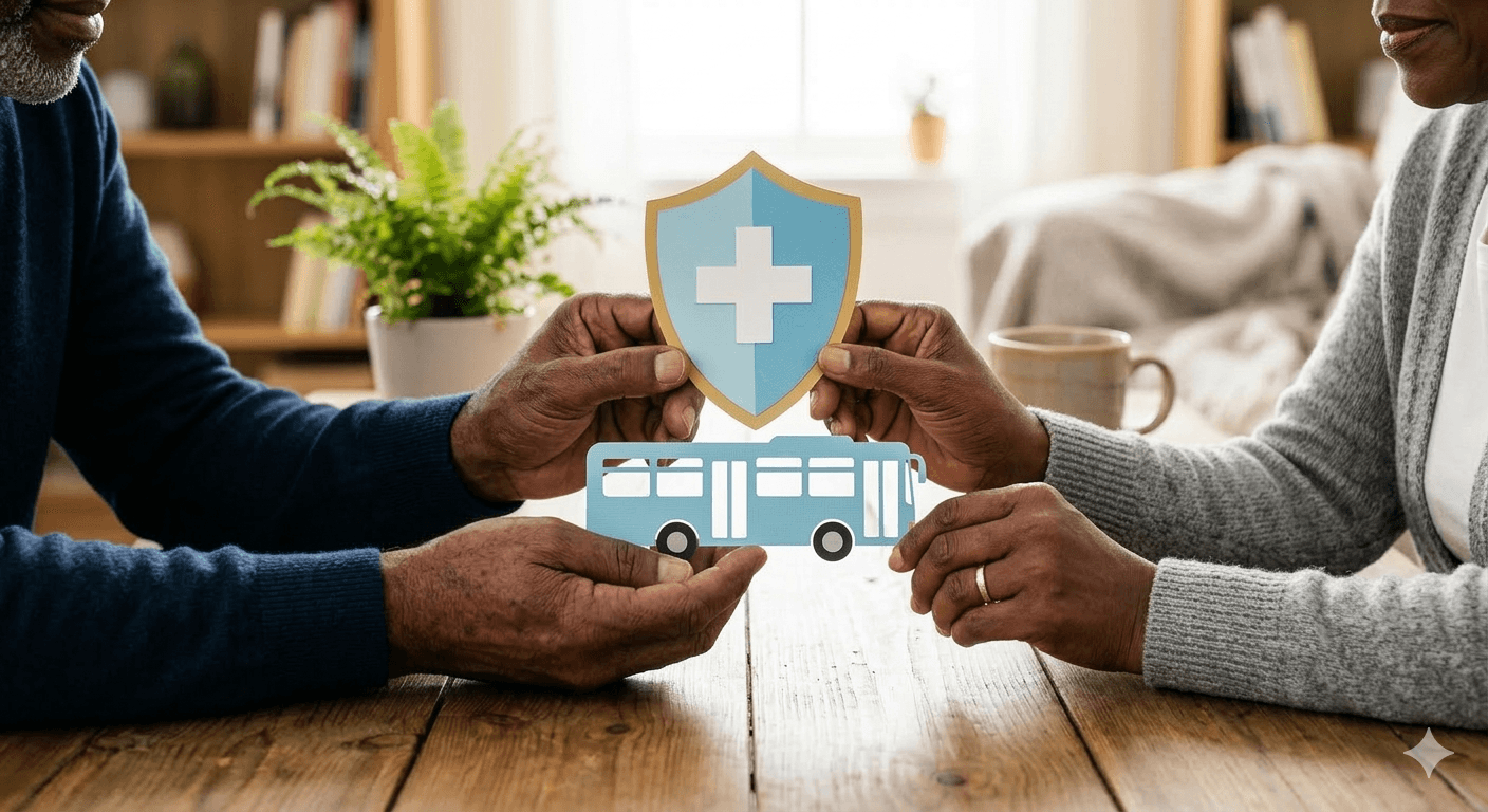 Hands holding paper cut-outs of a car and protective shield
